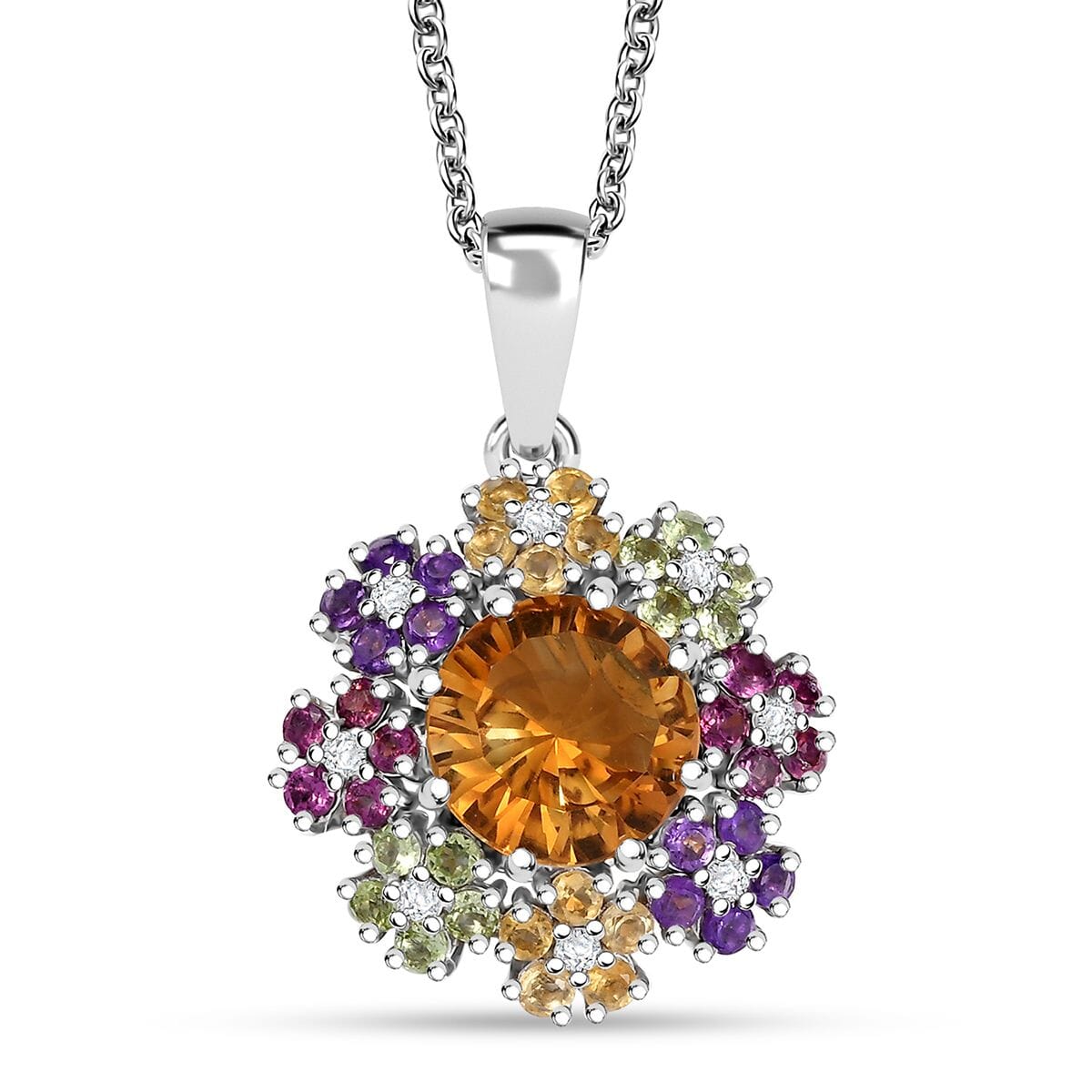 Karis AAA Serra Gaucha Citrine and Multi Gemstone 5.15 ctw Zinnia Flower Pendant in Platinum Bond with Stainless Steel Necklace 20 Inches image number 0