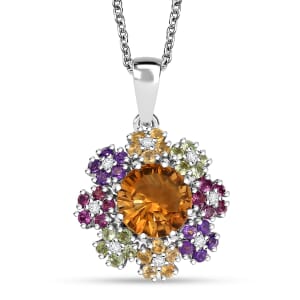 Karis AAA Serra Gaucha Citrine and Multi Gemstone 5.15 ctw Zinnia Flower Pendant in Platinum Bond with Stainless Steel Necklace 20 Inches