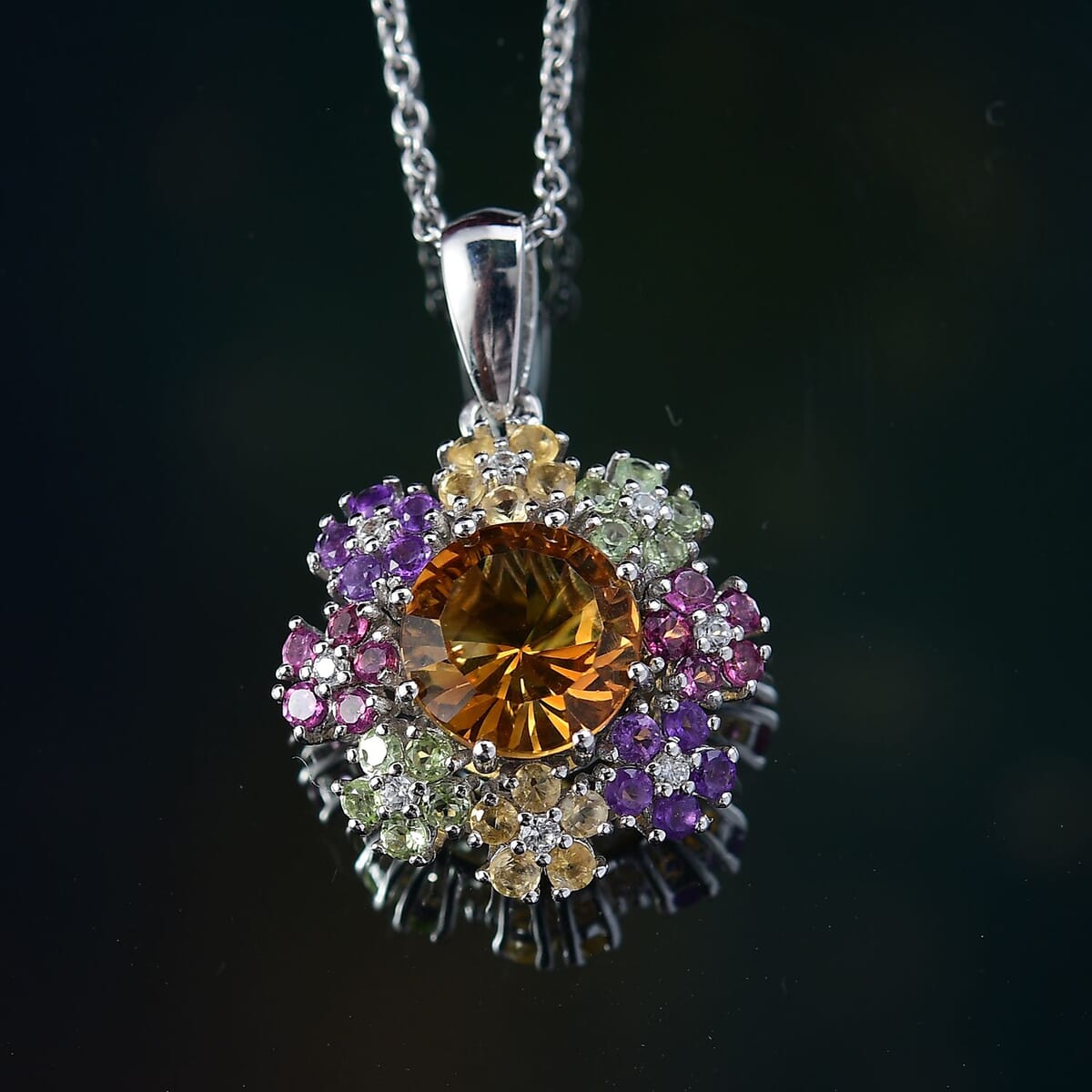 Karis AAA Serra Gaucha Citrine and Multi Gemstone 5.15 ctw Zinnia Flower Pendant in Platinum Bond with Stainless Steel Necklace 20 Inches image number 1