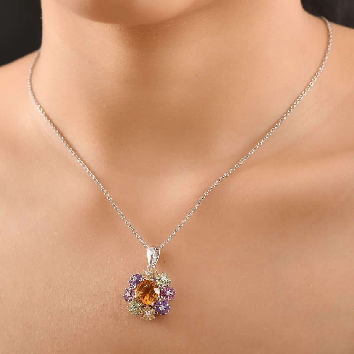 Karis AAA Serra Gaucha Citrine and Multi Gemstone 5.15 ctw Zinnia Flower Pendant in Platinum Bond with Stainless Steel Necklace 20 Inches image number 2