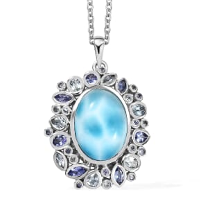 Premium Larimar and Multi Gemstone 16.90 ctw Ocean Crown Pendant Necklace in Rhodium Over Sterling Silver 20 Inches