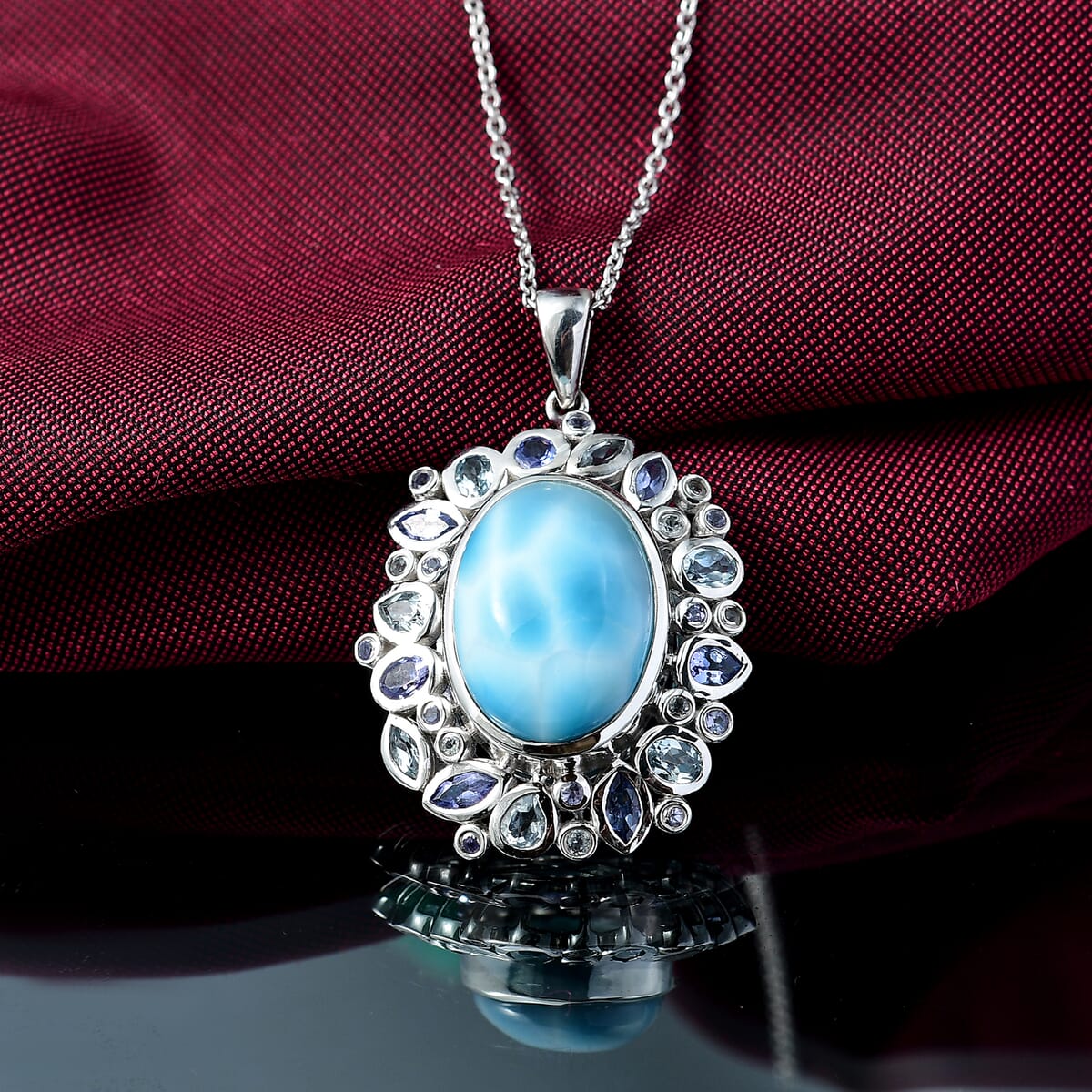 Premium Larimar and Multi Gemstone 16.90 ctw Ocean Crown Pendant Necklace in Rhodium Over Sterling Silver 20 Inches image number 1