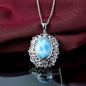 Premium Larimar and Multi Gemstone 16.90 ctw Ocean Crown Pendant Necklace in Rhodium Over Sterling Silver 20 Inches