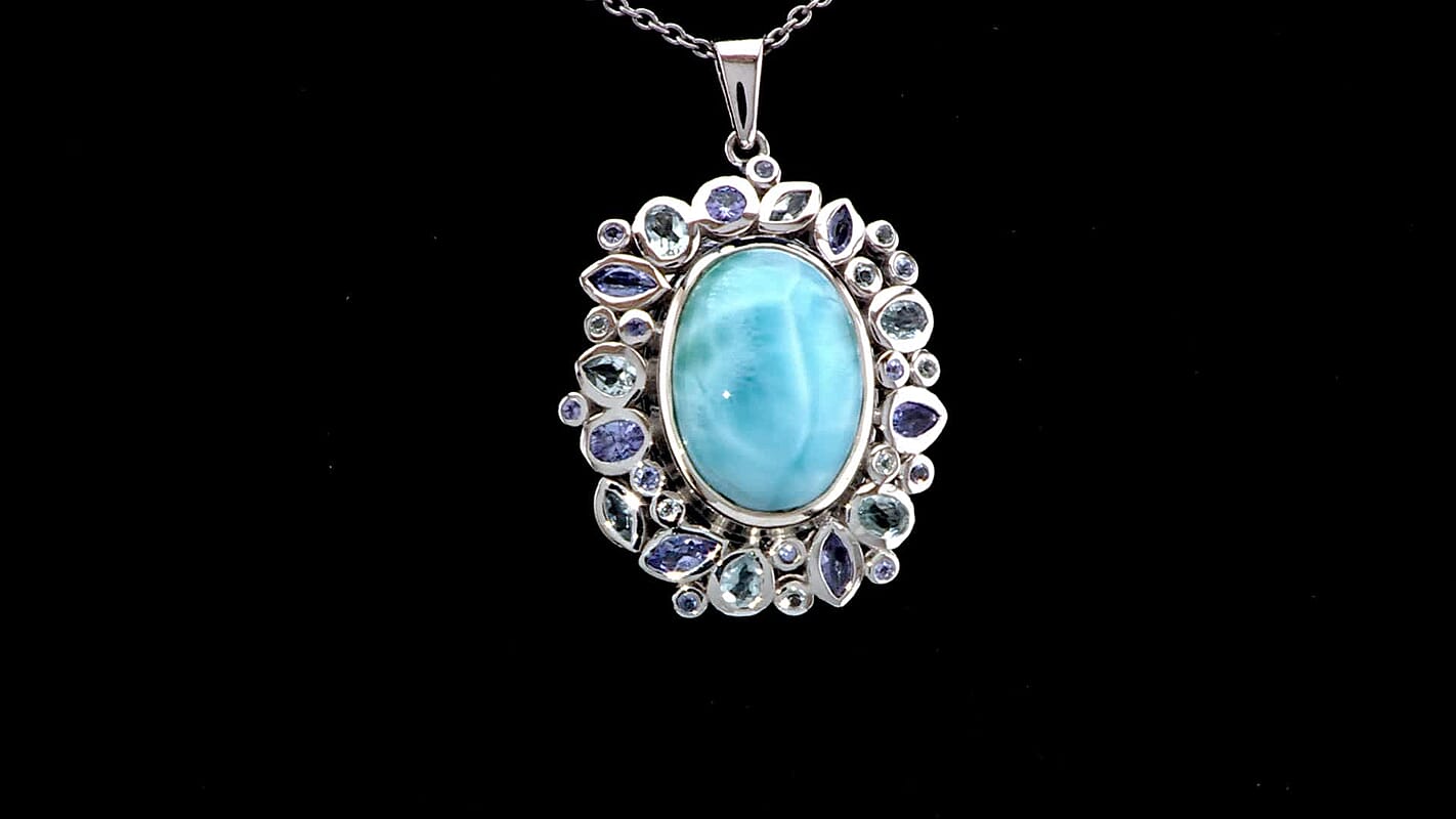 Premium Larimar and Multi Gemstone 16.90 ctw Ocean Crown Pendant Necklace in Rhodium Over Sterling Silver 20 Inches