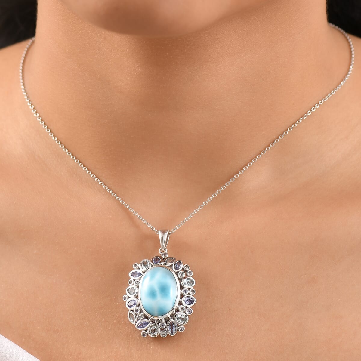 Premium Larimar and Multi Gemstone 16.90 ctw Ocean Crown Pendant Necklace in Rhodium Over Sterling Silver 20 Inches image number 2