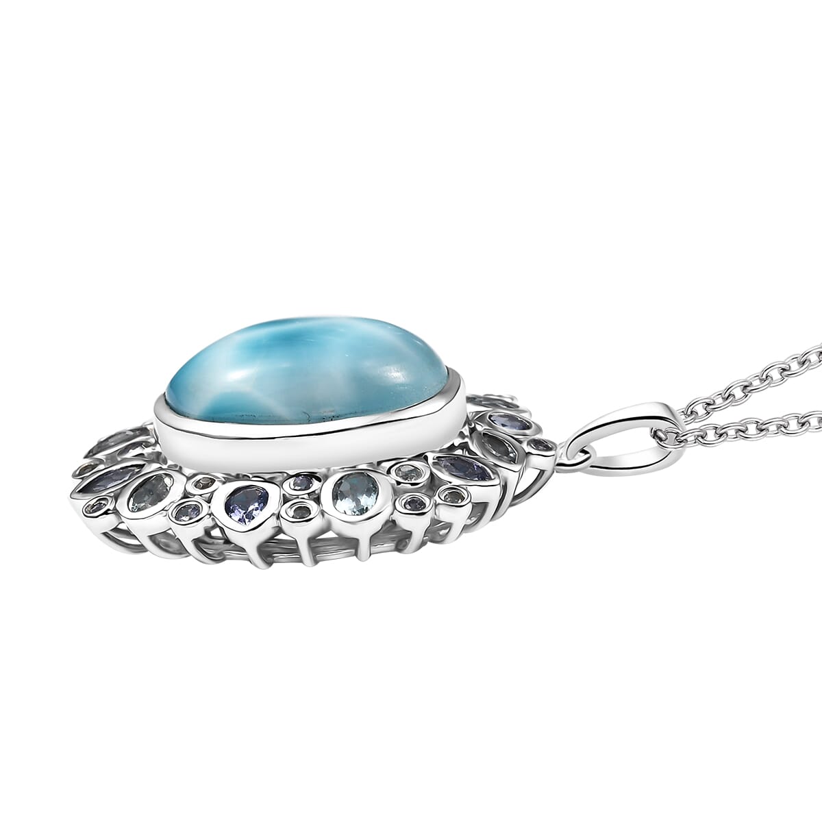 Premium Larimar and Multi Gemstone 16.90 ctw Ocean Crown Pendant Necklace in Rhodium Over Sterling Silver 20 Inches image number 3
