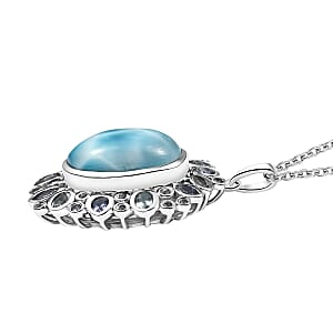 Premium Larimar and Multi Gemstone 16.90 ctw Ocean Crown Pendant Necklace in Rhodium Over Sterling Silver 20 Inches