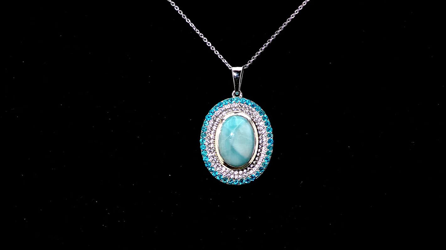 Premium Larimar and Multi Gemstone 8.50 ctw Aqua Majesty Pendant Necklace 20 Inches in Rhodium Over Sterling Silver