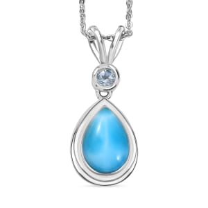 Premium Larimar and Sky Blue Topaz 2.50 ctw Ocean Tear Pendant Necklace in Rhodium Over Sterling Silver 20 Inches