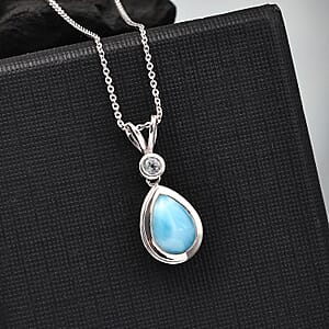 Premium Larimar and Sky Blue Topaz 2.50 ctw Ocean Tear Pendant Necklace in Rhodium Over Sterling Silver 20 Inches