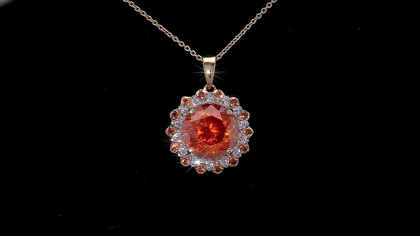 AAA Picos Altos Sphalerite, Padparadscha Sapphire and G-H SI Luxuriant Lab Grown Diamond 7.38 ctw Pendant Necklace in 10K Yellow Gold 20 Inches