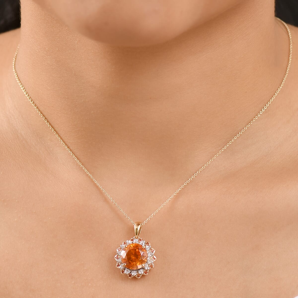 AAA Picos Altos Sphalerite, Padparadscha Sapphire and G-H SI Luxuriant Lab Grown Diamond 7.38 ctw Pendant Necklace in 10K Yellow Gold 20 Inches image number 2