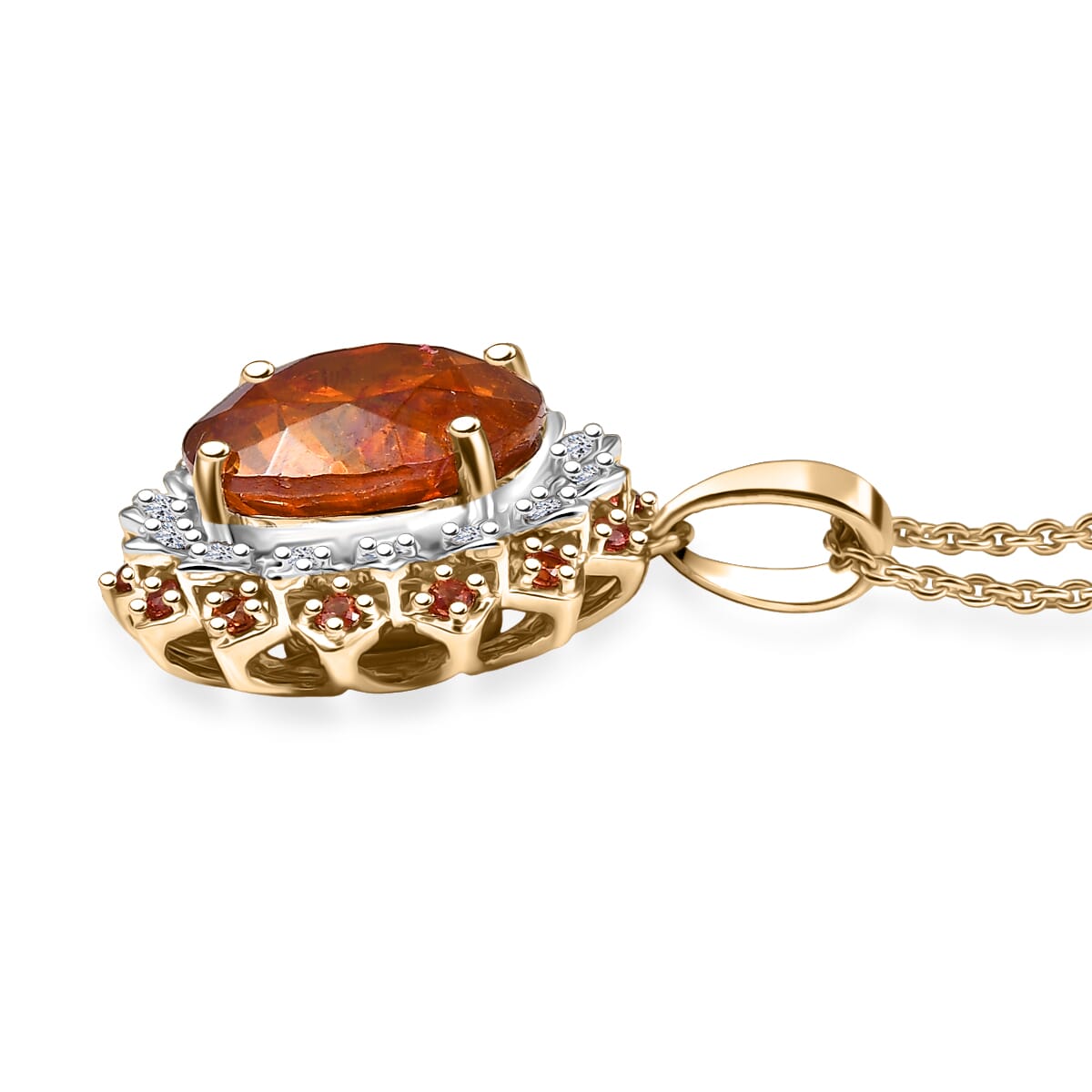 AAA Picos Altos Sphalerite, Padparadscha Sapphire and G-H SI Luxuriant Lab Grown Diamond 7.38 ctw Pendant Necklace in 10K Yellow Gold 20 Inches image number 3