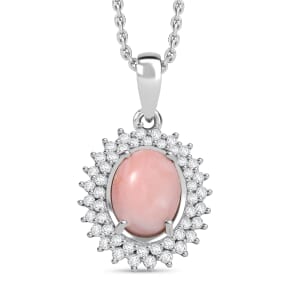 Oregon Peach Opal and White Zircon 1.90 ctw Sunburst Pendant Necklace in Platinum Over Sterling Silver 20 Inches