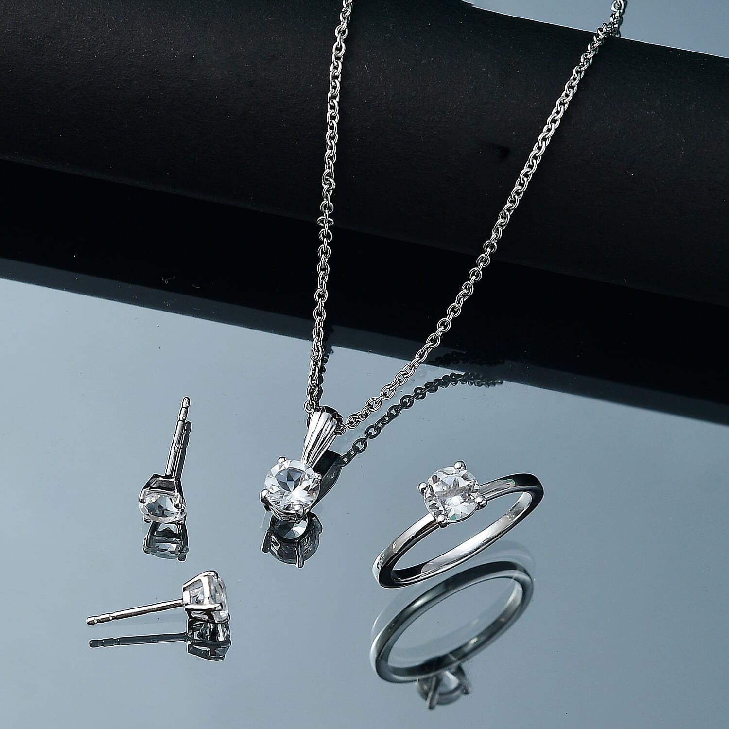 Golconda Topaz 3.30 ctw Minimalist Earrings, Ring (Size 5.0) and Pendant in Platinum Over Sterling Silver with Stainless Steel Necklace 20 Inches
