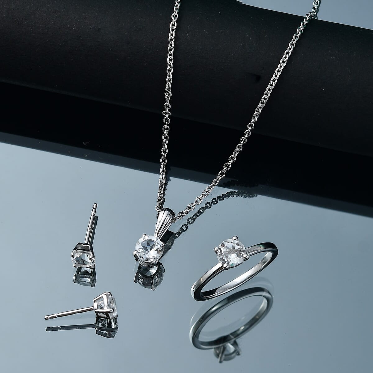 Golconda White Topaz Earrings, Ring (Size 7.0) and Pendant in Platinum Over Sterling Silver with Stainless Steel Necklace (20 Inches) 3.30 ctw image number 1