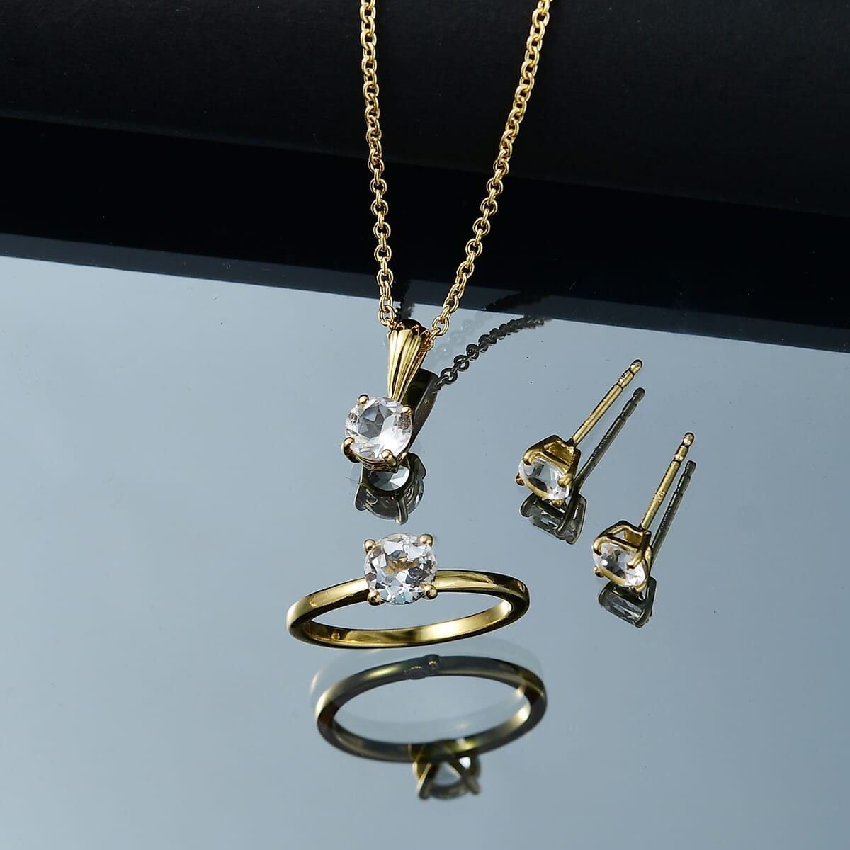Golconda Topaz 3.30 ctw Minimalist Earrings, Ring (Size 6.0) and Pendant in 18K Vermeil YG Over Sterling Silver with ION Plated YG Stainless Steel Necklace 20 Inches image number 1