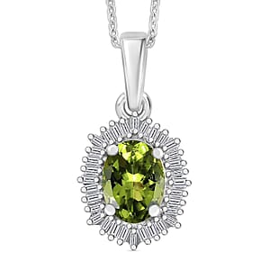 Natural Calabar Green Tourmaline and Diamond 1.19 ctw Pendant Necklace in Rhodium Over Sterling Silver 20 Inches