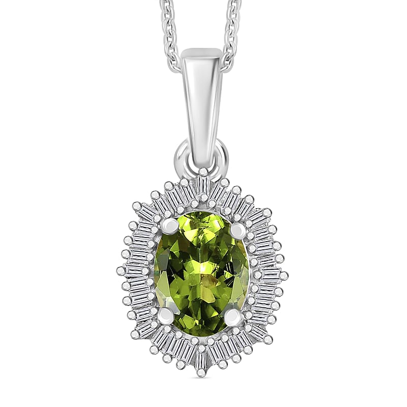 Natural Calabar Green Tourmaline and Diamond 1.19 ctw Pendant Necklace in Rhodium Over Sterling Silver 20 Inches