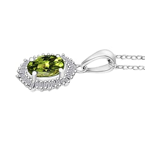 Natural Calabar&nbsp;Green Tourmaline and Diamond 1.19 ctw Pendant Necklace in Rhodium Over Sterling Silver 20 Inches (Del. in 10-12 Days)