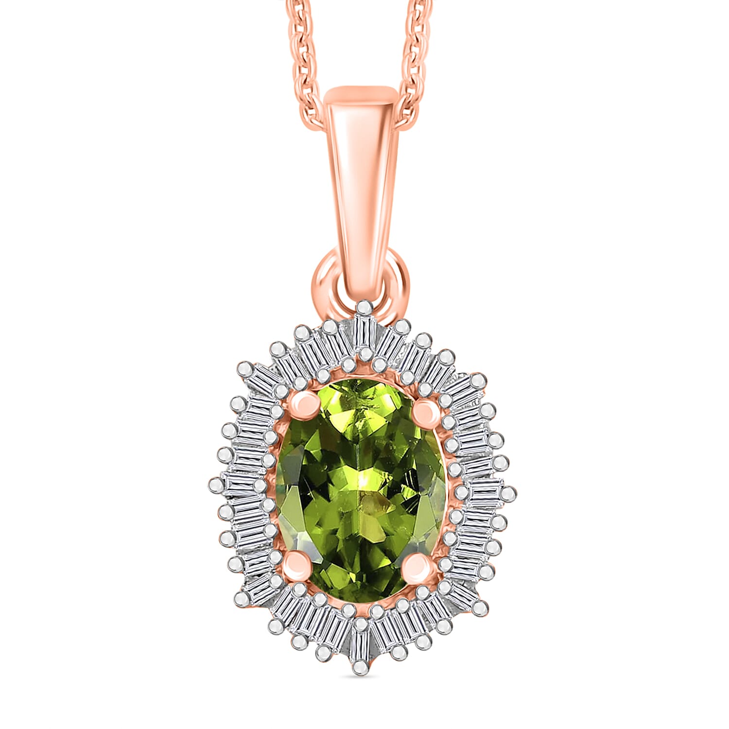 Natural Calabar Green Tourmaline and Diamond 1.19 ctw Pendant Necklace in 18K Vermeil Rose Gold Over Sterling Silver 20 Inches