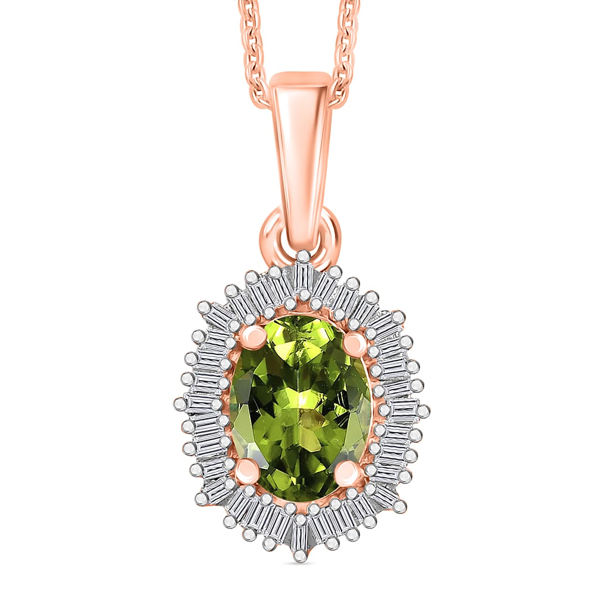 Natural Calabar Green Tourmaline and Diamond 1.19 ctw Pendant Necklace in 18K Vermeil Rose Gold Over Sterling Silver 20 Inches (Del. in 10-12 Days) image number 0