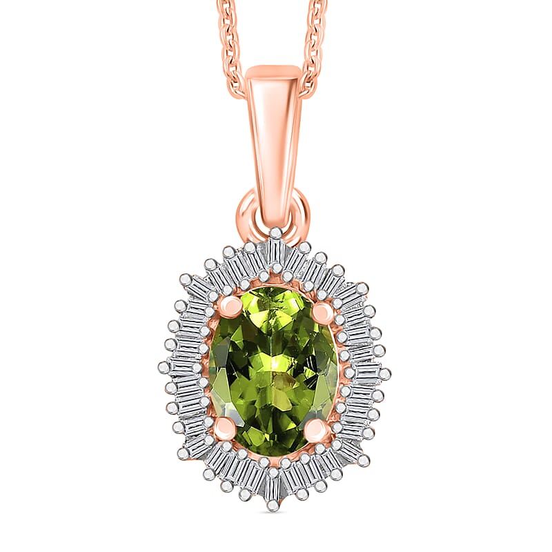 Natural Calabar Green Tourmaline and Diamond 1.19 ctw Pendant Necklace in 18K Vermeil Rose Gold Over Sterling Silver 20 Inches