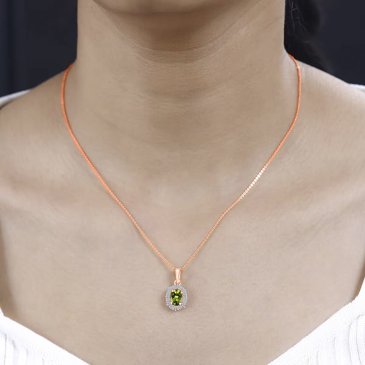 Natural Calabar Green Tourmaline and Diamond 1.19 ctw Pendant Necklace in 18K Vermeil Rose Gold Over Sterling Silver 20 Inches (Del. in 10-12 Days) image number 1
