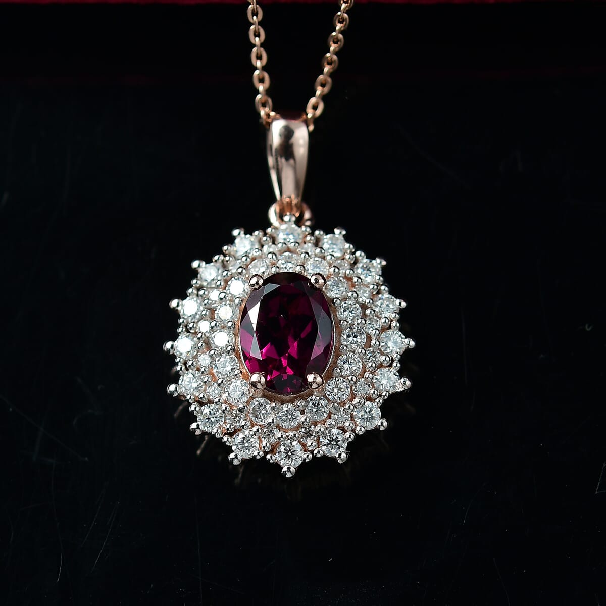 AAA Radiant Ember Garnet and Moissanite 2.20 ctw Royal Bloom Pendant Necklace in 18K Vermeil Rose Gold Over Sterling Silver 20 Inches image number 1
