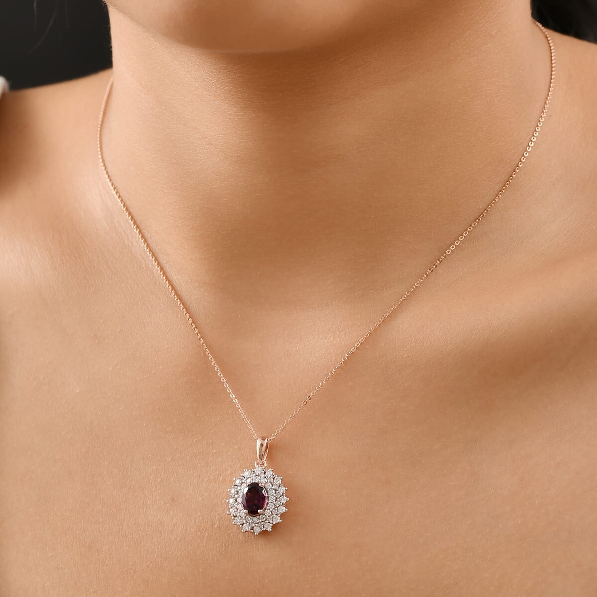 AAA Radiant Ember Garnet and Moissanite 2.20 ctw Royal Bloom Pendant Necklace in 18K Vermeil Rose Gold Over Sterling Silver 20 Inches image number 2