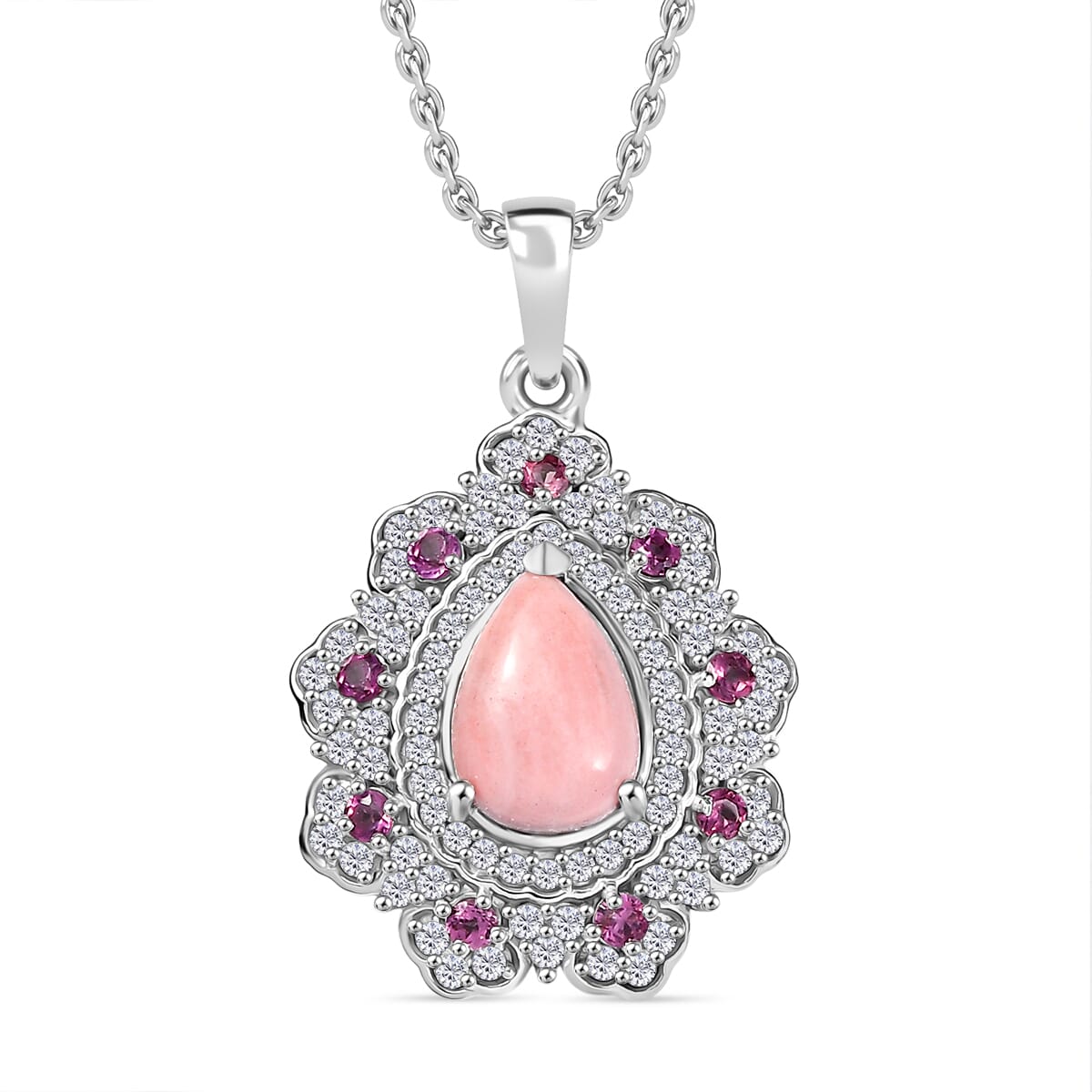 Karis Oregon Peach Opal and Multi Gemstone 2.65 ctw Floral Pendant Platinum Bond with Stainless Steel Necklace 20 Inches image number 0