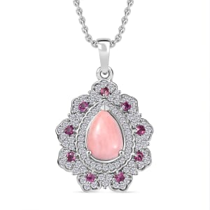 Karis Oregon Peach Opal and Multi Gemstone 2.65 ctw Floral Pendant Platinum Bond with Stainless Steel Necklace 20 Inches
