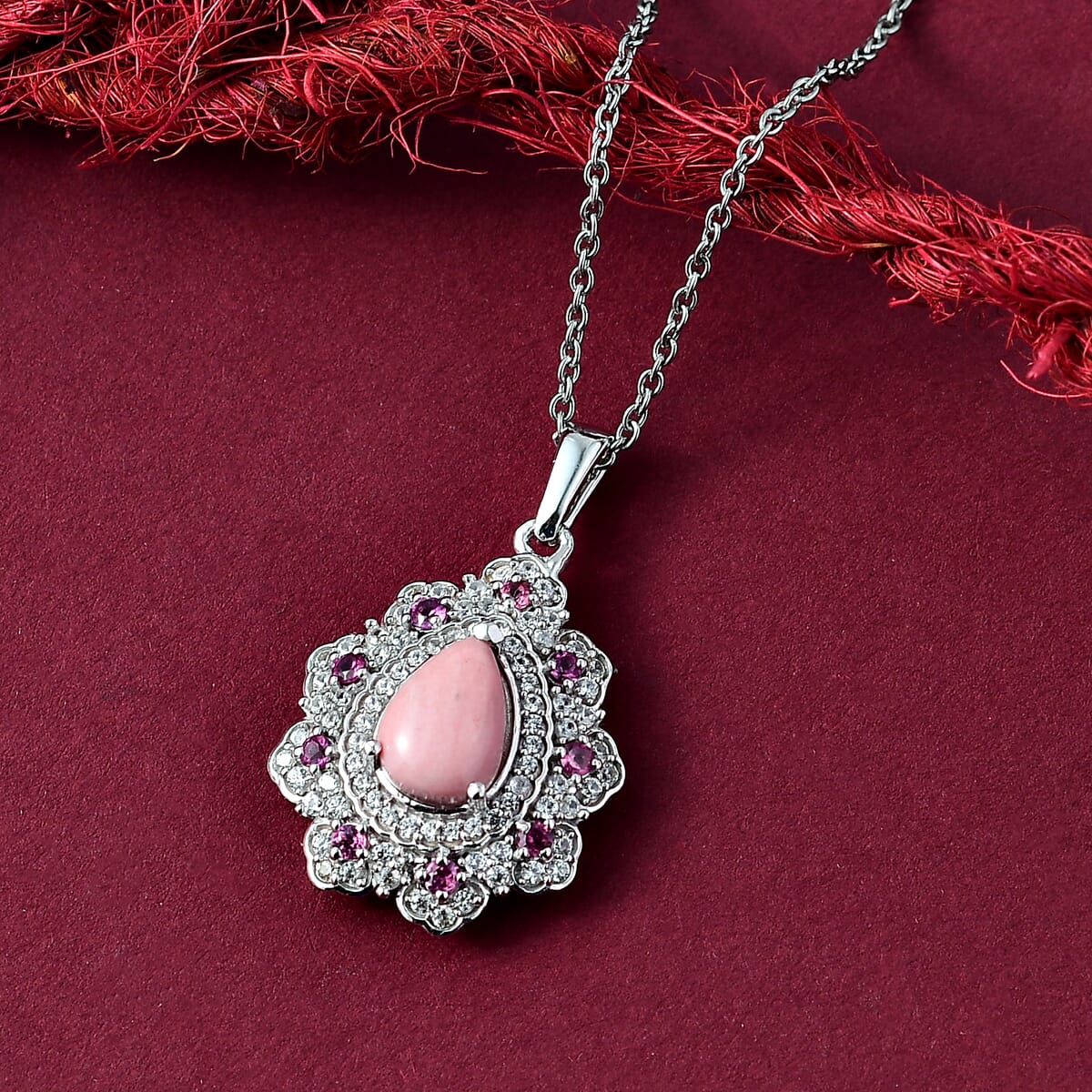 Karis Oregon Peach Opal and Multi Gemstone 2.65 ctw Floral Pendant Platinum Bond with Stainless Steel Necklace 20 Inches image number 1