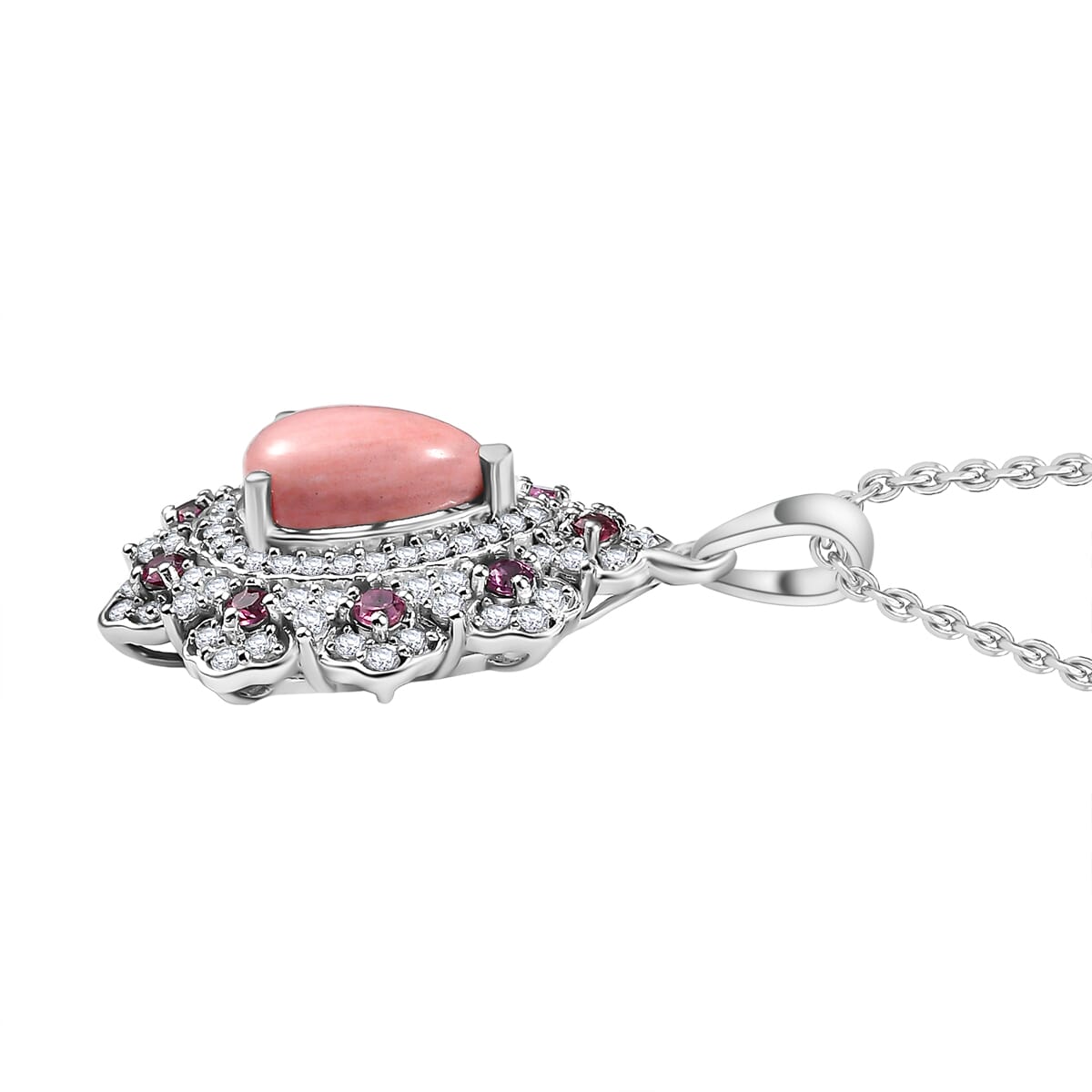Karis Oregon Peach Opal and Multi Gemstone 2.65 ctw Floral Pendant Platinum Bond with Stainless Steel Necklace 20 Inches image number 3