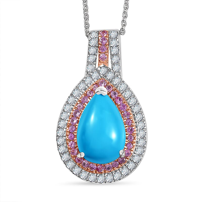 Sleeping Beauty Turquoise and Multi Gemstone 4.00 ctw Cosmic Bloom Pendant Necklace 20 Inches in Rhodium Over Sterling Silver