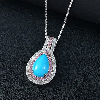 Sleeping Beauty Turquoise and Multi Gemstone 4.00 ctw Cosmic Bloom Pendant Necklace 20 Inches in Rhodium Over Sterling Silver