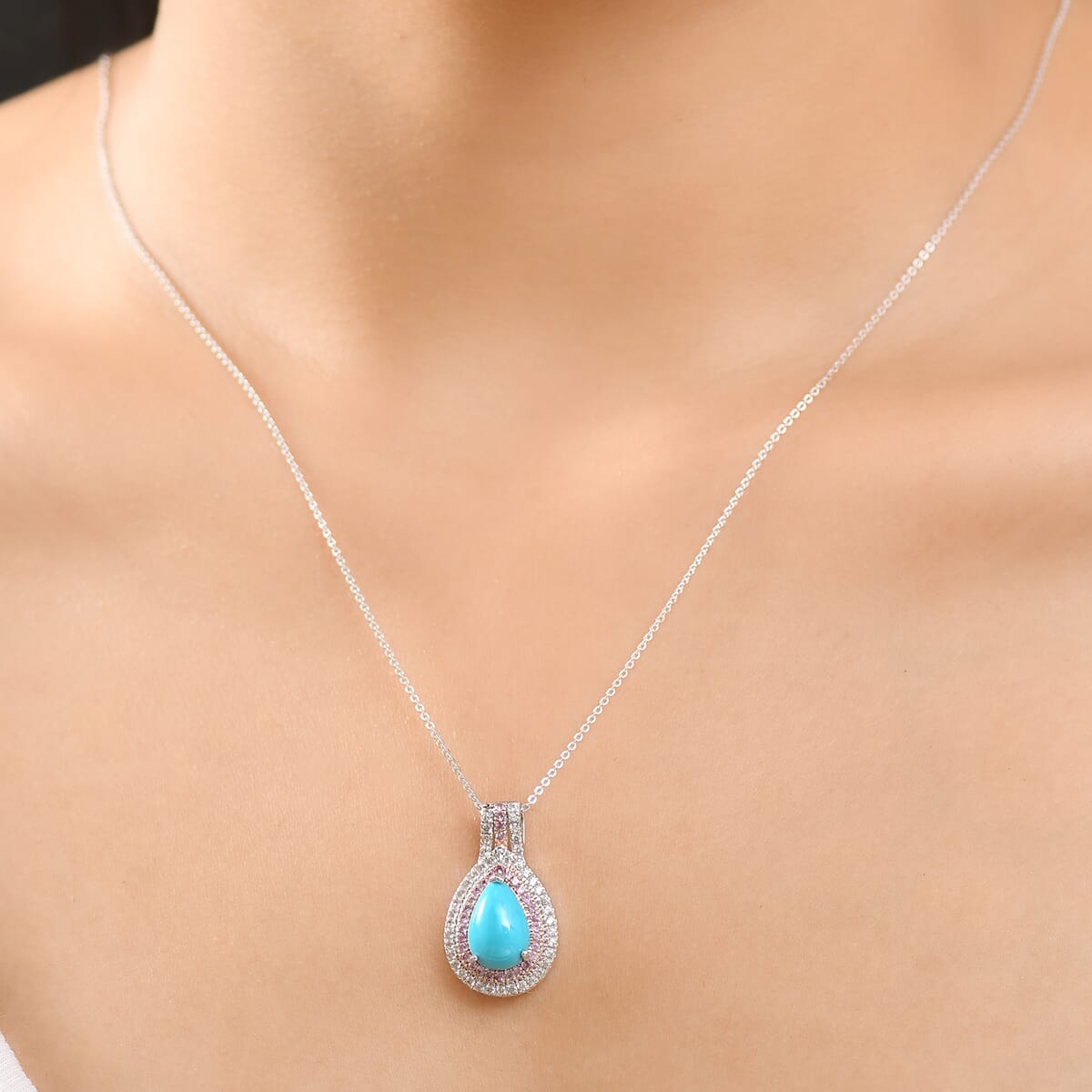 Sleeping Beauty Turquoise and Multi Gemstone 4.00 ctw Cosmic Bloom Pendant Necklace 20 Inches in Rhodium Over Sterling Silver image number 2