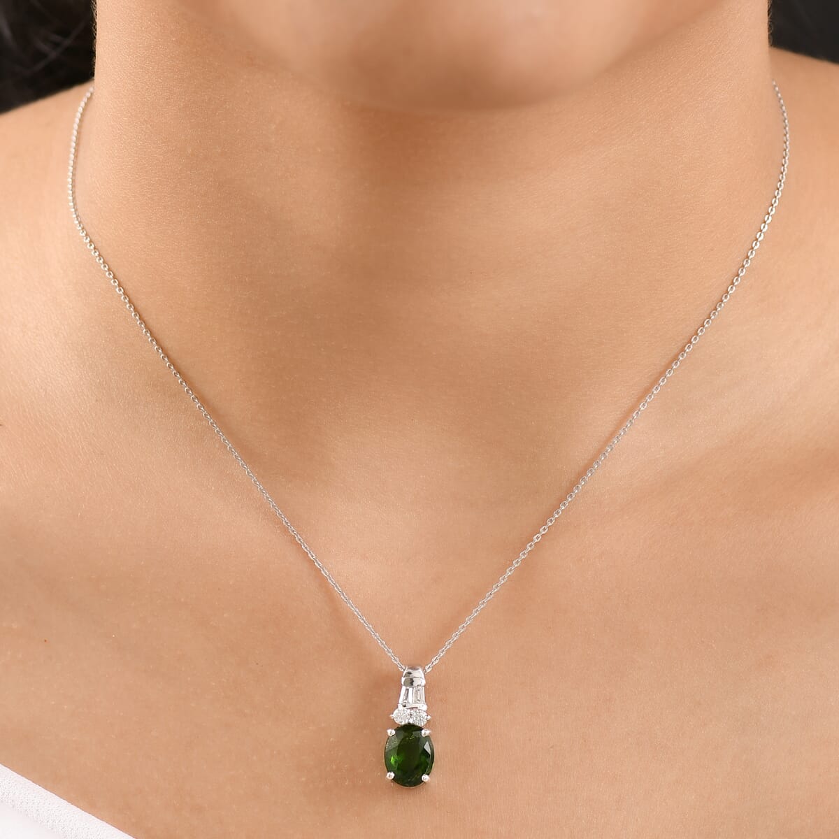 Chrome Diopside and Moissanite 2.80 ctw Deco Pendant Necklace in Rhodium Over Sterling Silver 20 Inches image number 2