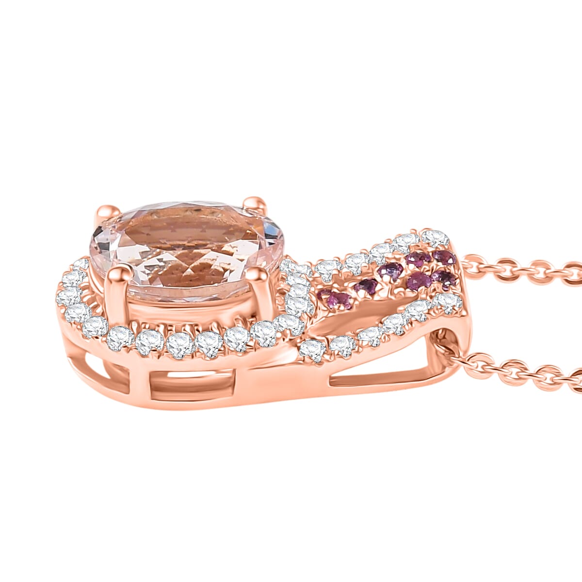 Premium Pink Morganite and Multi Gemstone 1.60 ctw Blush Wave Pendant Necklace 20 Inches in 18K Vermeil Rose Gold Over Sterling Silver image number 3