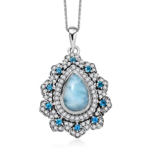 Larimar and Multi Gemstone 4.90 ctw Sea Bloom Pendant Necklace in Rhodium Over Sterling Silver 20 Inches