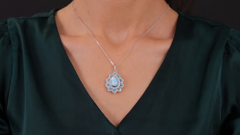 Larimar and Multi Gemstone 4.90 ctw Sea Bloom Pendant Necklace in Rhodium Over Sterling Silver 20 Inches