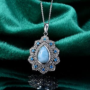 Larimar and Multi Gemstone 4.90 ctw Sea Bloom Pendant Necklace in Rhodium Over Sterling Silver 20 Inches