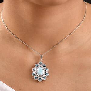 Larimar and Multi Gemstone 4.90 ctw Sea Bloom Pendant Necklace in Rhodium Over Sterling Silver 20 Inches