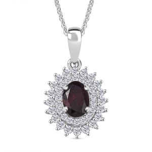 Premium Anthill Garnet and Moissanite 1.50 ctw Sunburst Pendant Necklace in Rhodium Over Sterling Silver 20 Inches