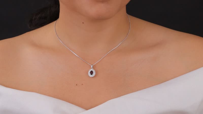 Premium Anthill Garnet and Moissanite 1.50 ctw Sunburst Pendant Necklace in Rhodium Over Sterling Silver 20 Inches