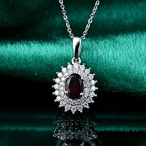 Premium Anthill Garnet and Moissanite 1.50 ctw Sunburst Pendant Necklace in Rhodium Over Sterling Silver 20 Inches
