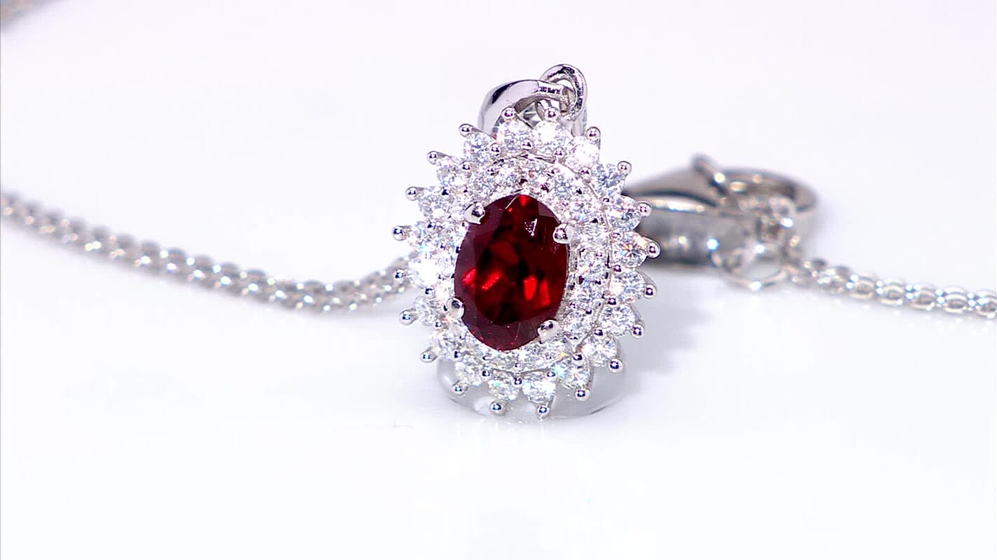 Premium Anthill Garnet and Moissanite 1.50 ctw Sunburst Pendant Necklace in Rhodium Over Sterling Silver 20 Inches