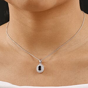 Premium Anthill Garnet and Moissanite 1.50 ctw Sunburst Pendant Necklace in Rhodium Over Sterling Silver 20 Inches
