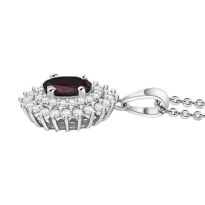 Premium Anthill Garnet and Moissanite 1.50 ctw Sunburst Pendant Necklace in Rhodium Over Sterling Silver 20 Inches