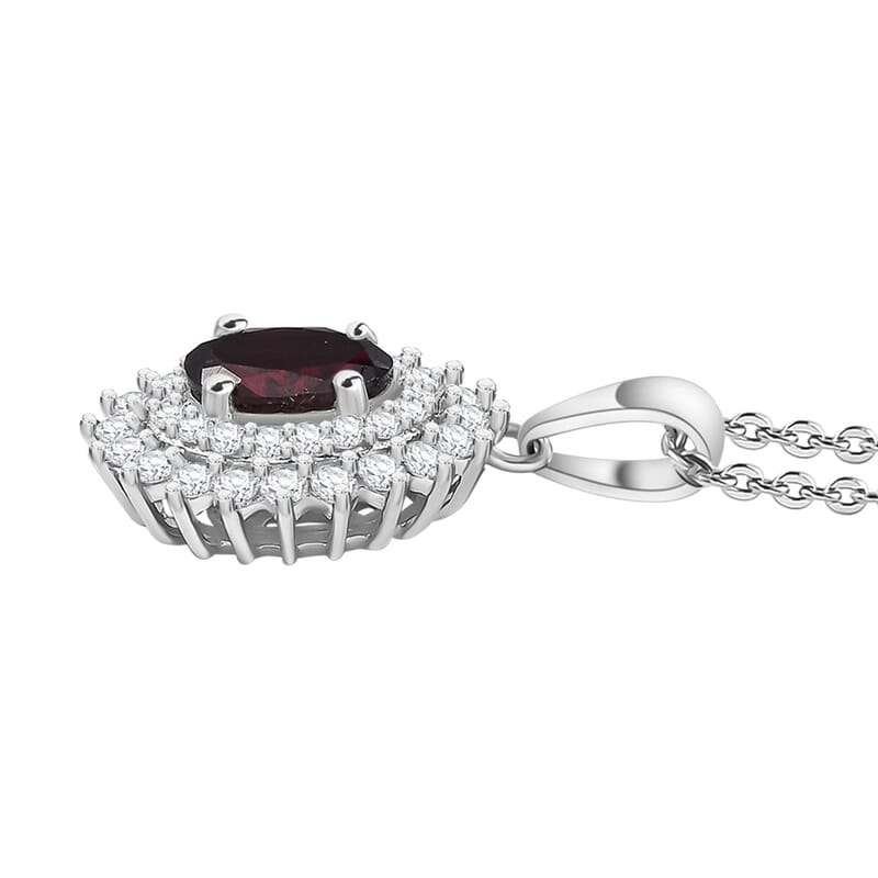 Premium Anthill Garnet and Moissanite 1.50 ctw Sunburst Pendant Necklace in Rhodium Over Sterling Silver 20 Inches